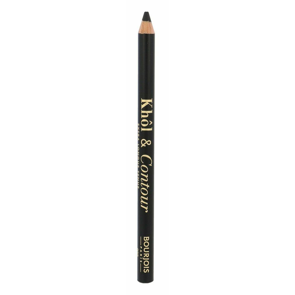 Schwarzer Kajalstift mit goldfarbener Schrift. Aufschrift: Khol & Contour, Bourjois Paris. Schwarze Kappe. Spitze nach oben gerichtet.