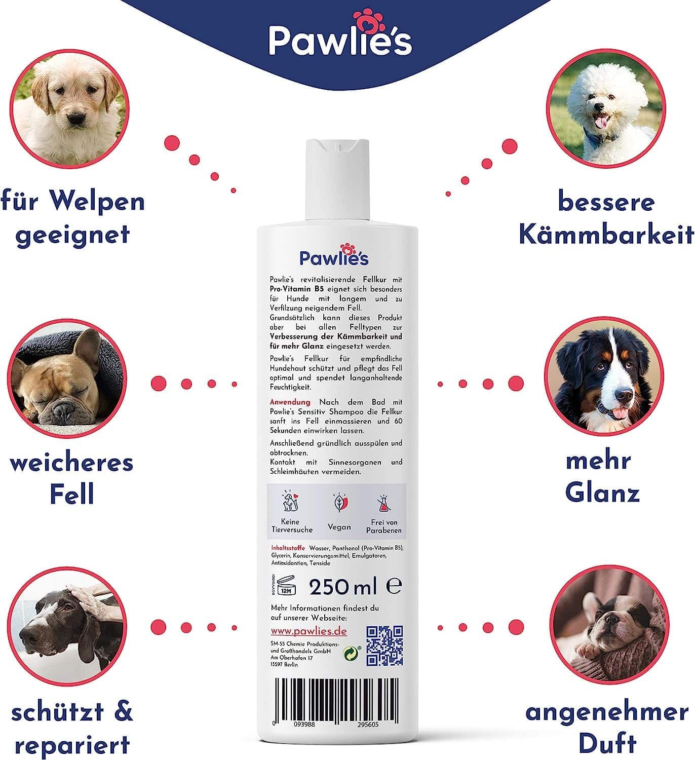 Rückseite einer Flasche Pawlie's Fellkur Conditioner. Text in Deutsch. 250 ml. Vegan-Siegel.