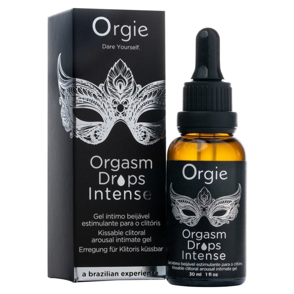 Orgie Orgasm Drops Intense. Flasche mit Tropfer und Verpackung. Schwarze Verpackung mit Maskenmotiv. Flasche mit brauner Flüssigkeit.