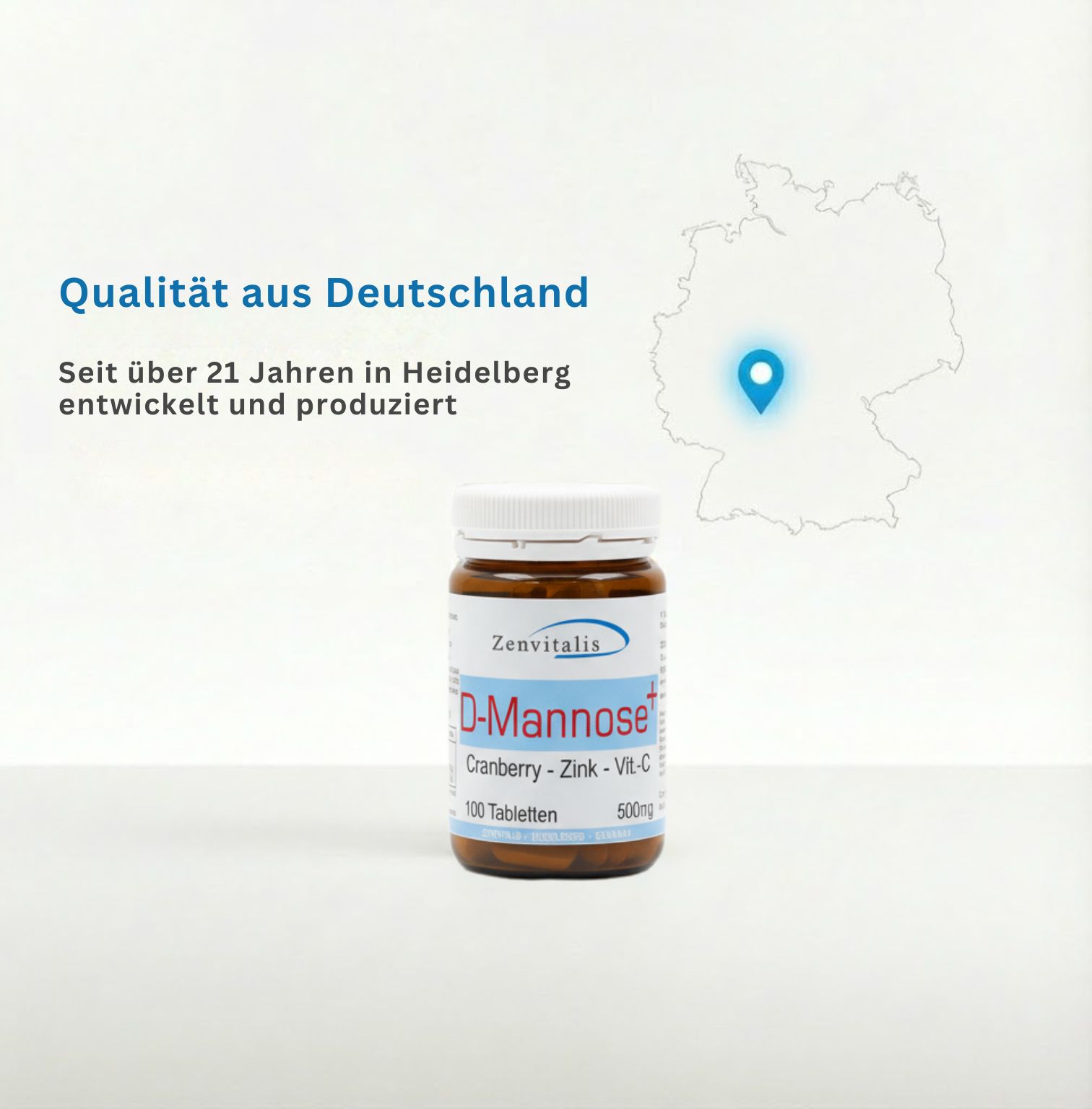 Tablettenflasche vor Deutschlandkarte. Text: Qualität aus Deutschland. Seit über 21 Jahren in Heidelberg entwickelt und produziert.