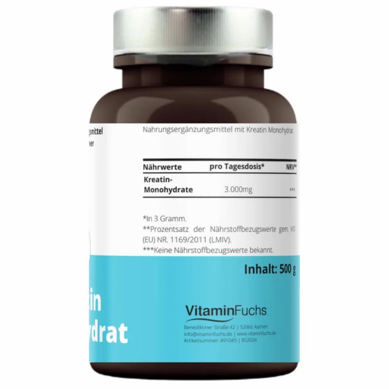 Rückseite der Dose. Enthält Nährwertangaben und Inhaltsangaben. Aufschrift: Creatin Monohydrat, 500g.
