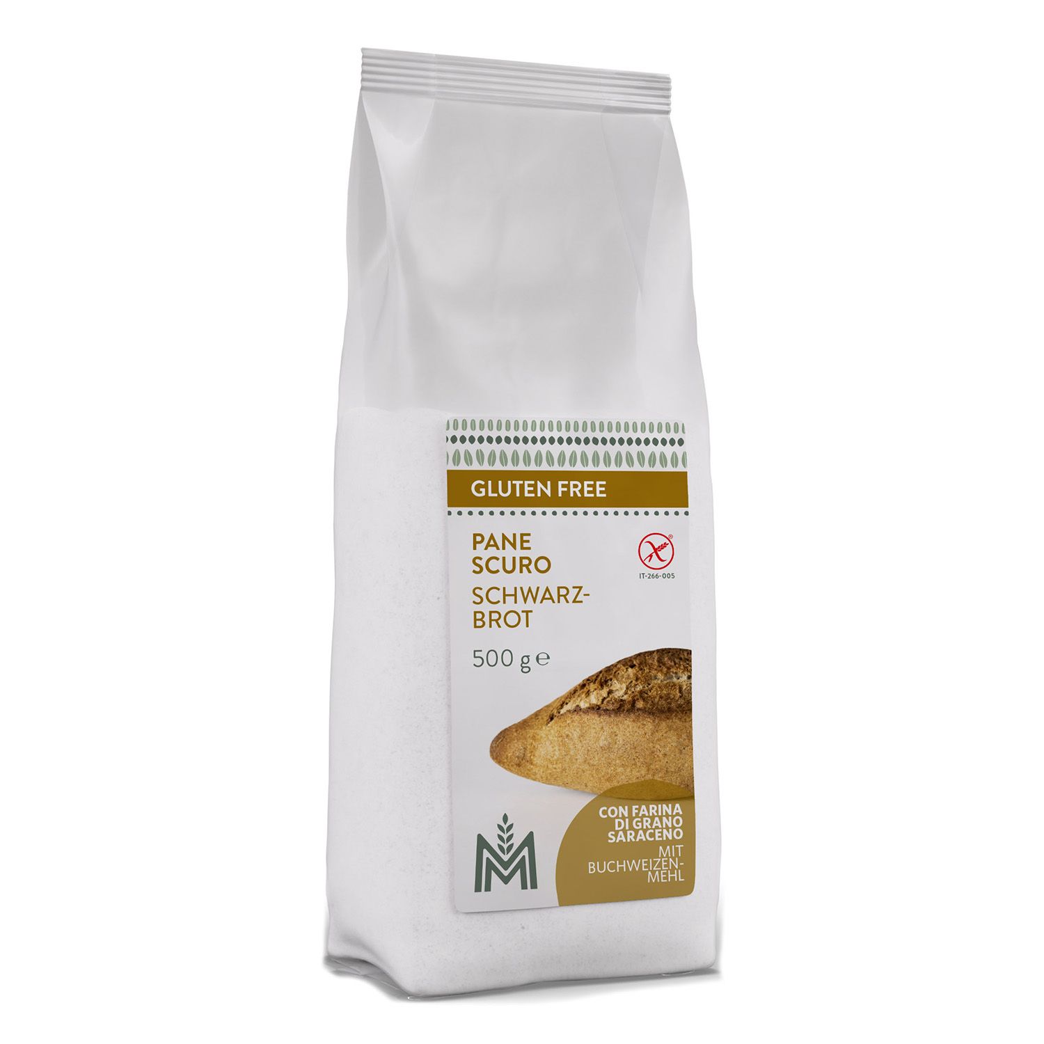 Weißer Beutel mit Aufdruck. Glutenfreies Schwarzbrot, 500g. Logo und Text: Pane Scuro, Schwarzbrot, mit Buchweizenmehl.