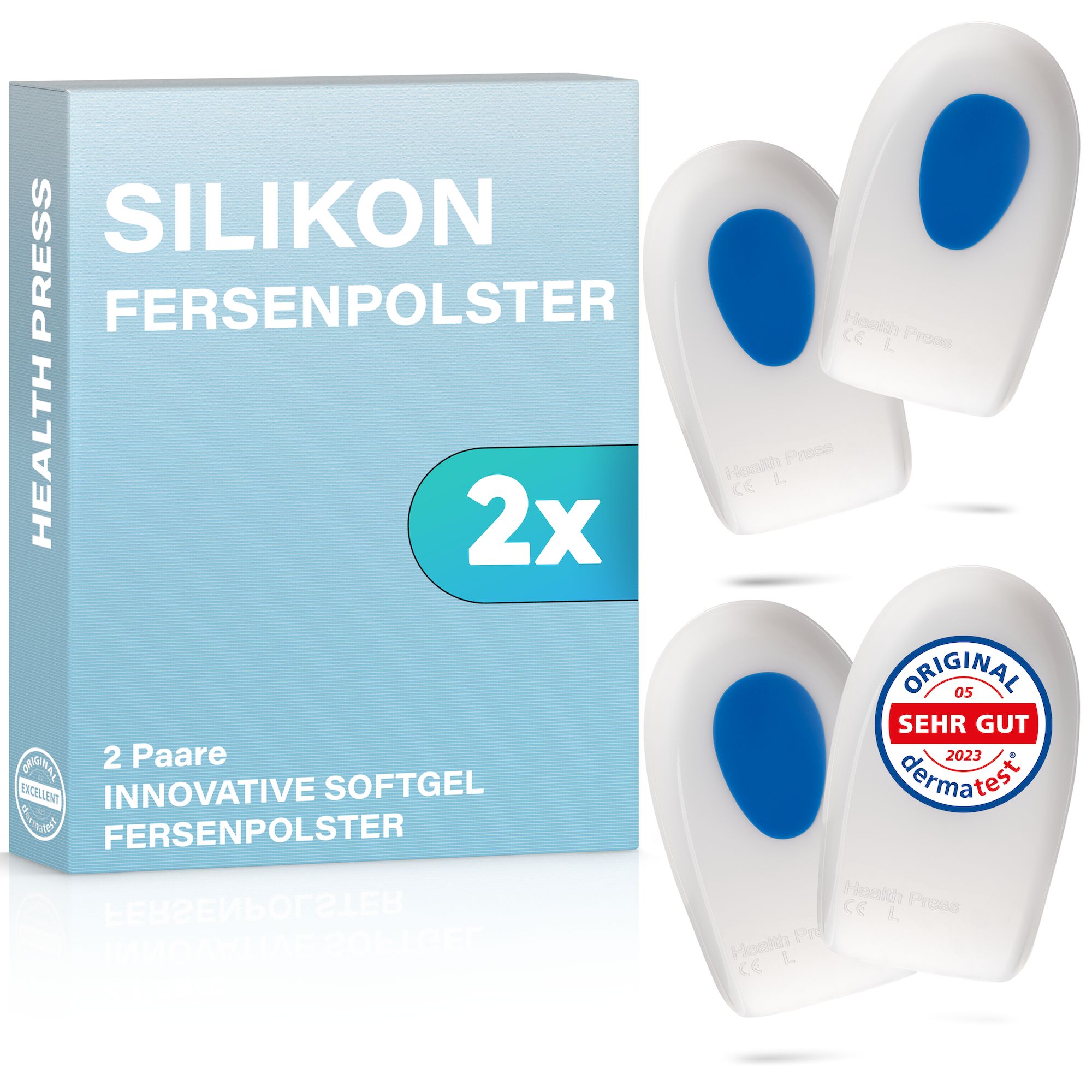 Verpackung mit zwei Paaren Silikon Fersenpolster. Text: Silikon Fersenpolster, 2x, Innovative Softgel Fersenpolster. Siegel: Dermatest.