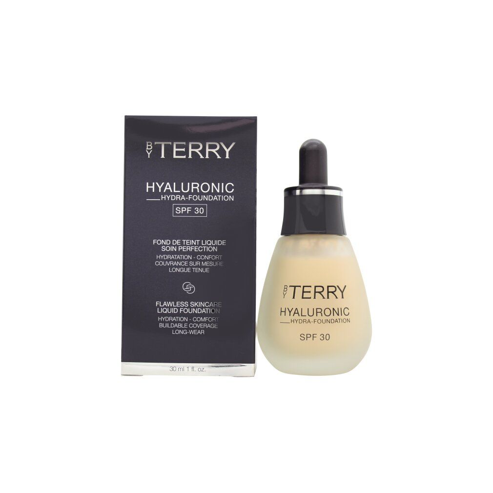 Flüssige Foundation mit Verpackung. Aufschrift: Hyaluronic Hydra Foundation SPF 30. Flasche mit Pipette.