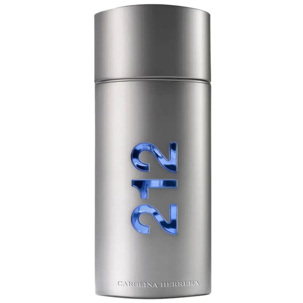 Silberne Flasche mit blauem "212"-Schriftzug. Auf der Flasche steht "Carolina Herrera".
