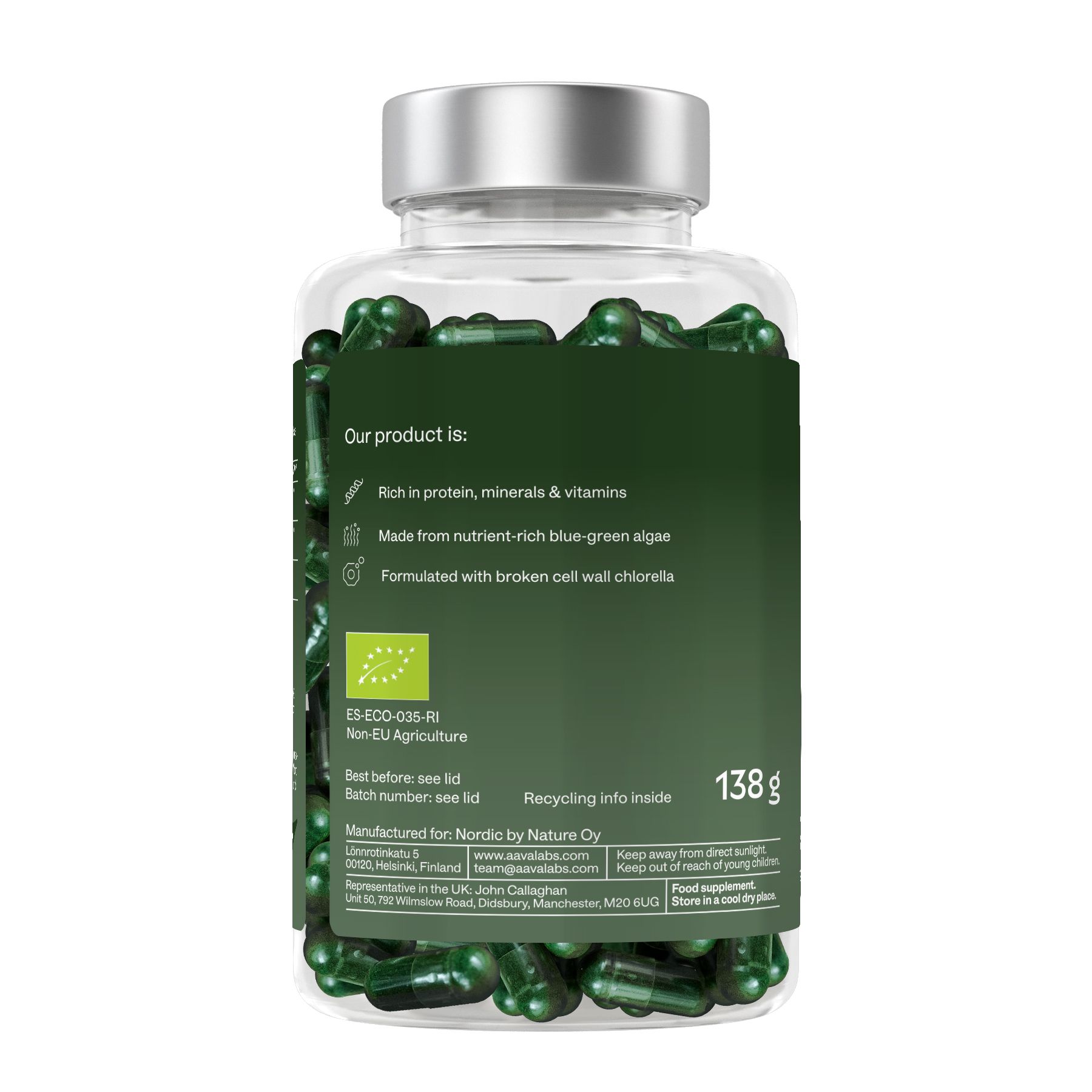 Rückseite einer Flasche mit grünen Kapseln. Text: Unser Produkt ist..., 138g.