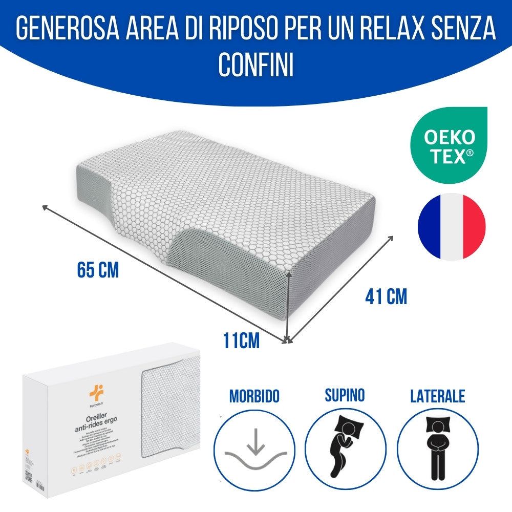 Cuscino ergonomico con testo: 65cm x 41cm x 11cm. Oeko-Tex.