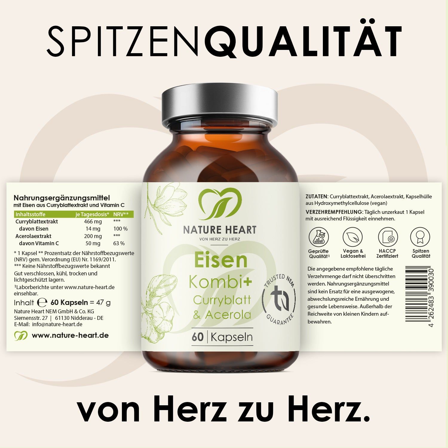 Nature Heart Eisen Kombi+ Kapseln, Flasche und detaillierte Produktinformationen.