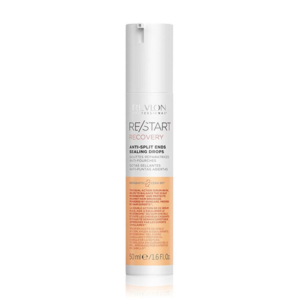 Revlon Re-Start Recovery Anti-Split Ends Sealing Drops. Weiße Flasche mit Pumpe. Text: RE/START, Anti-Split Ends, 50ml/1.6Fl.Oz.