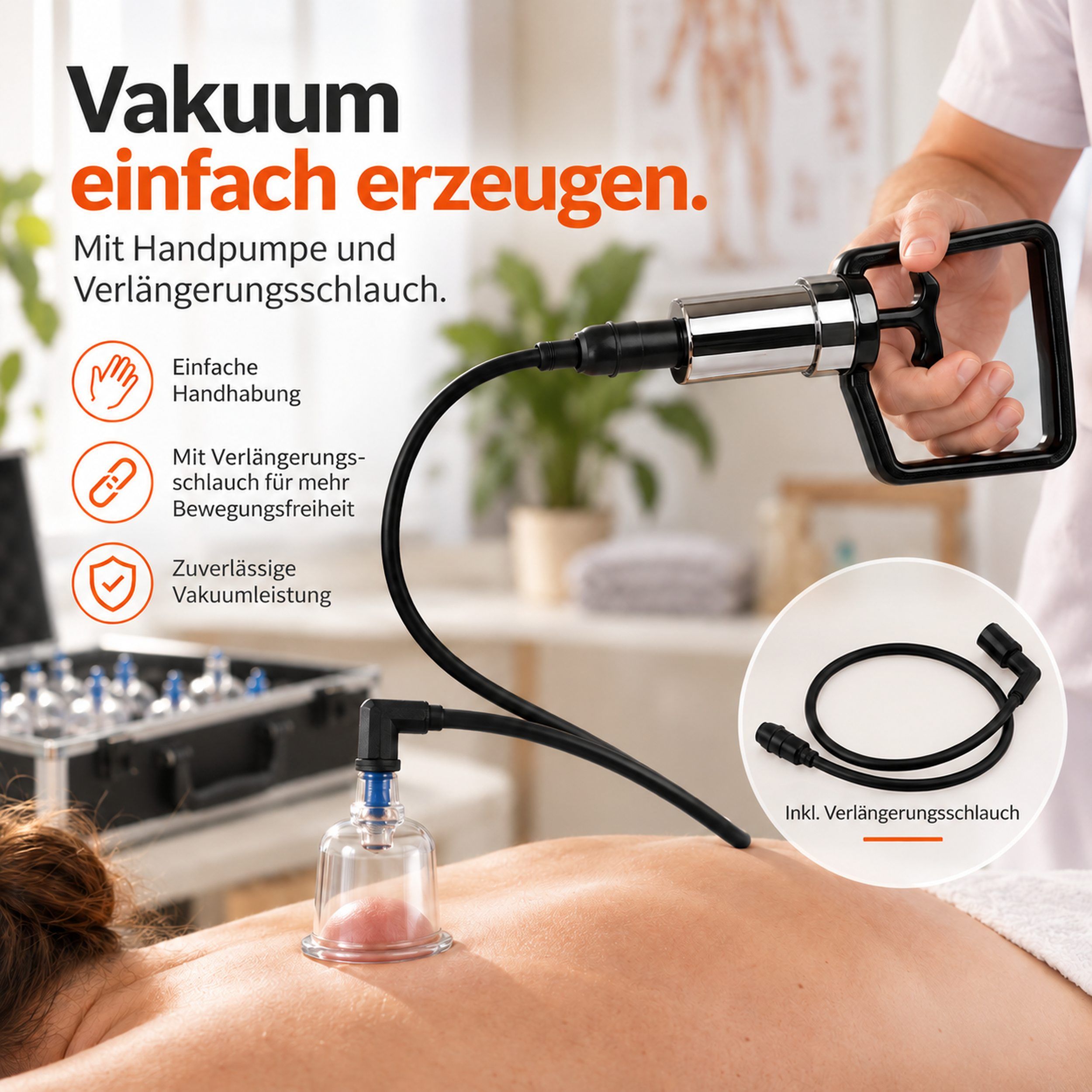 Vakuum-Erzeugung mit Handpumpe und Schlauch für Schröpfgläser.