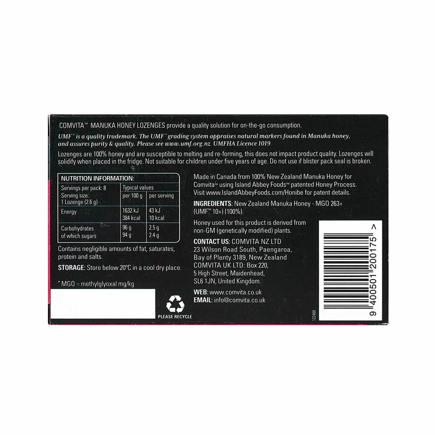 Rückseite der Schachtel mit Informationen. Text: Comvita Manuka Honey Lozenges, UMF®10+.