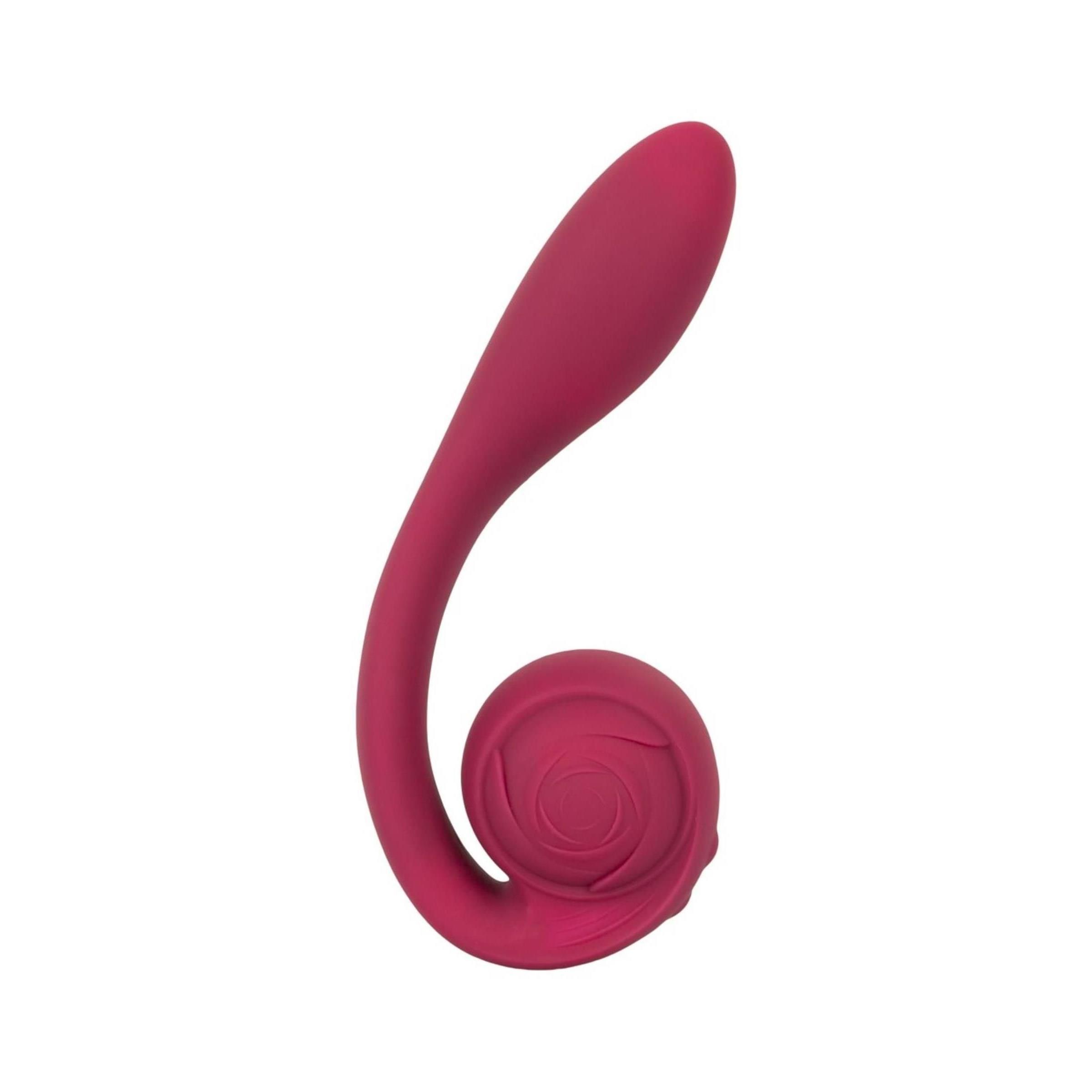 Biegsamer Vibrator in Rosa. Mit spiralförmigem Kopf und gebogenem Schaft.