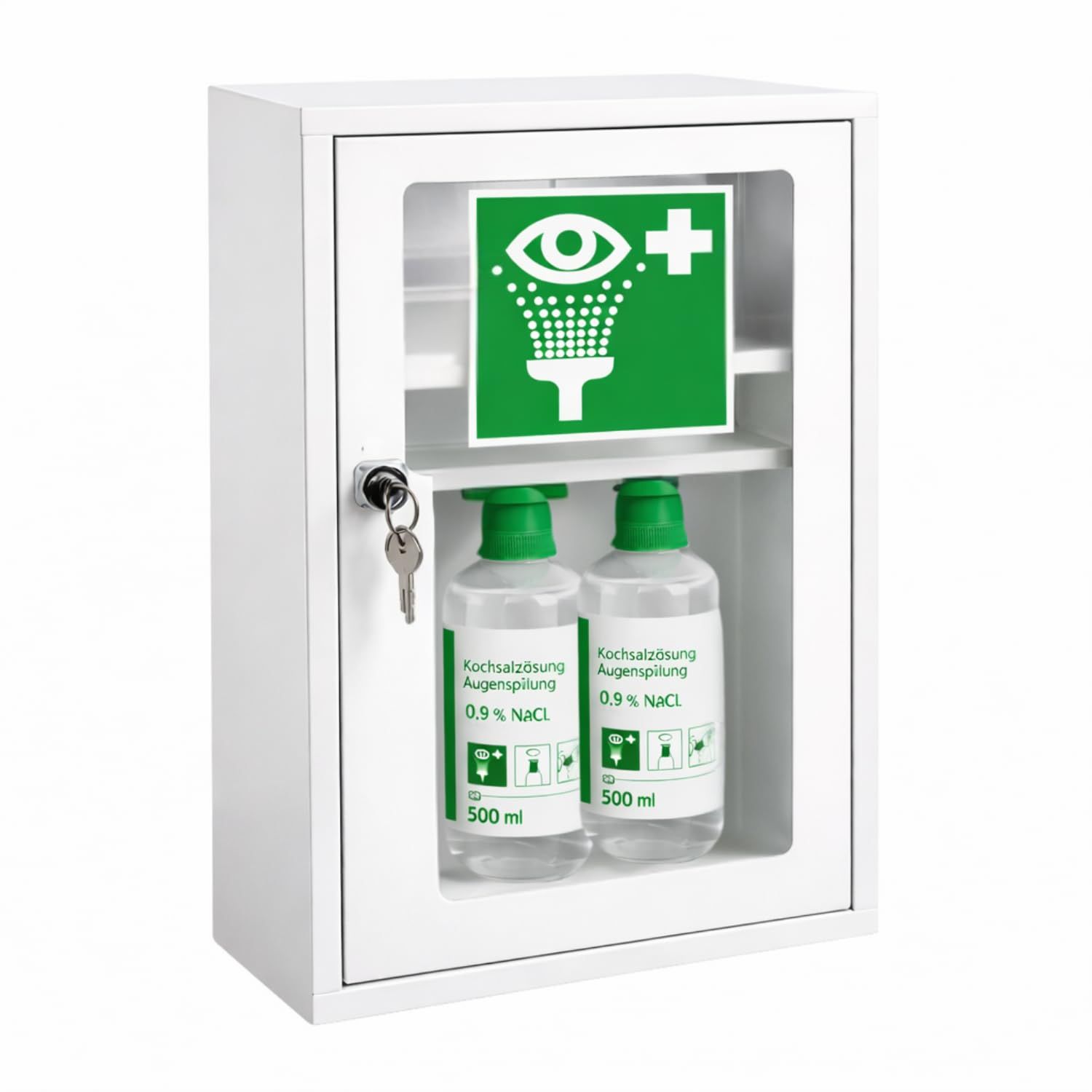 FAP First Aid Products Augenspülschrank mit 2x NaCl 0,9% (500 ml) - Metall, abschließbar, weiß