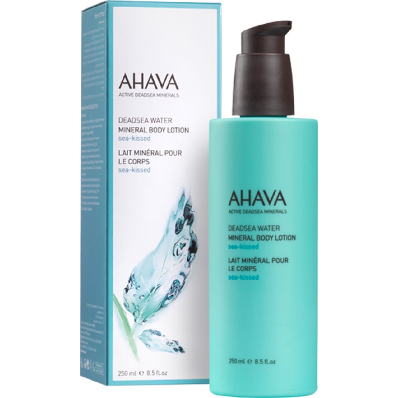 AHAVA Mineral Body Lotion mit Verpackung. Türkisgrüne Flasche und Verpackung mit Produktbezeichnung und Marke.