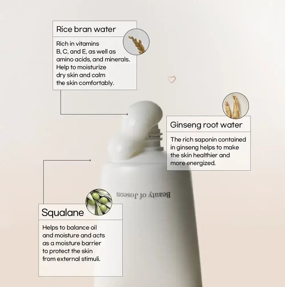 Tube Dynasty Cream mit Inhaltsstoff-Hinweisen: Reiswasser, Ginseng, Squalane. Text in Englisch.