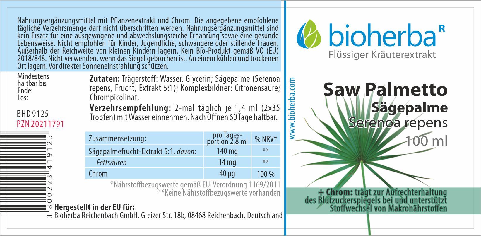 Bioherba Saw Palmetto Sägepalme Tropfen Tinktur