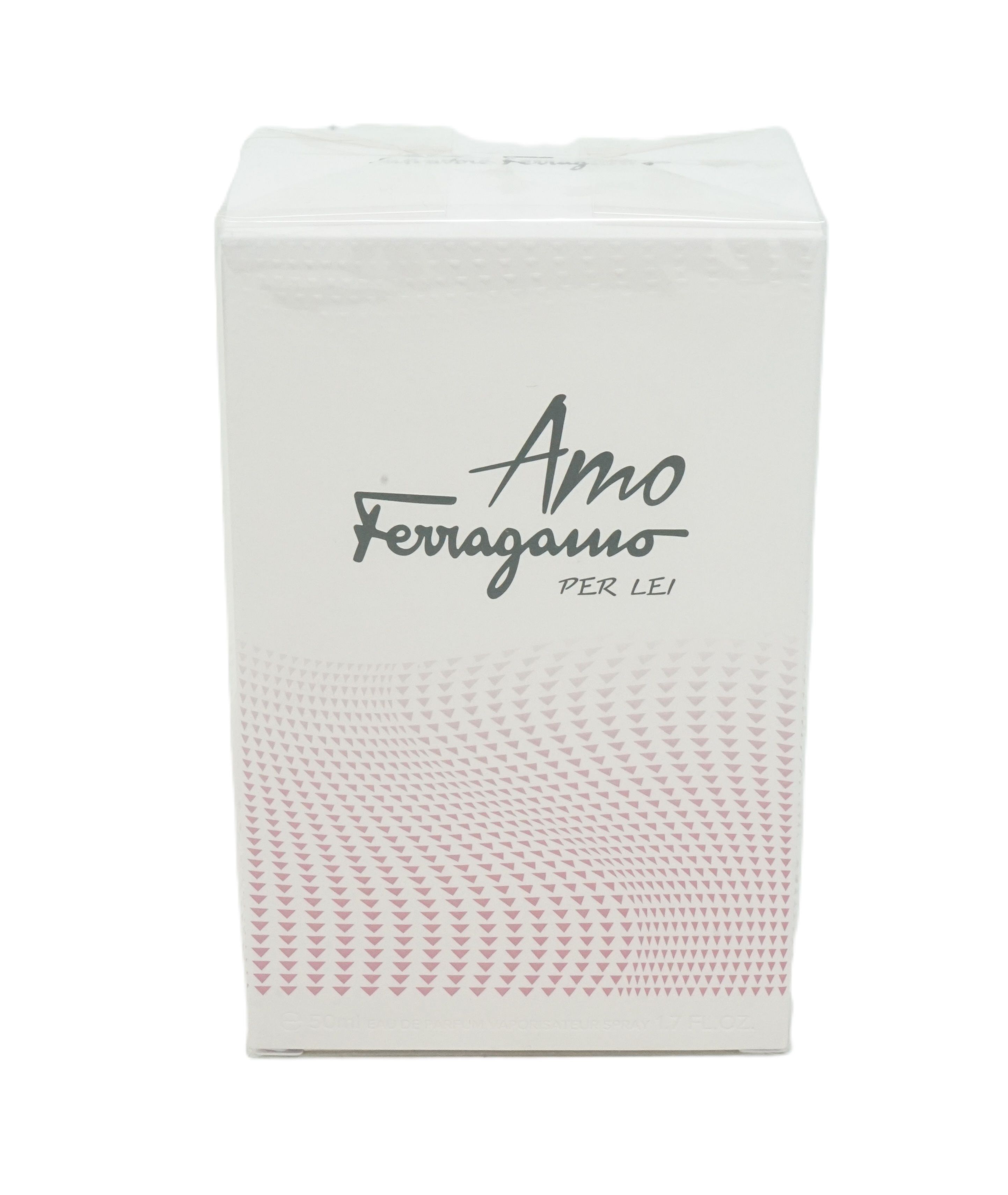 Parfümverpackung. Weißer Karton mit 'Amo Ferragamo Per Lei' Schriftzug. Rosa Muster.