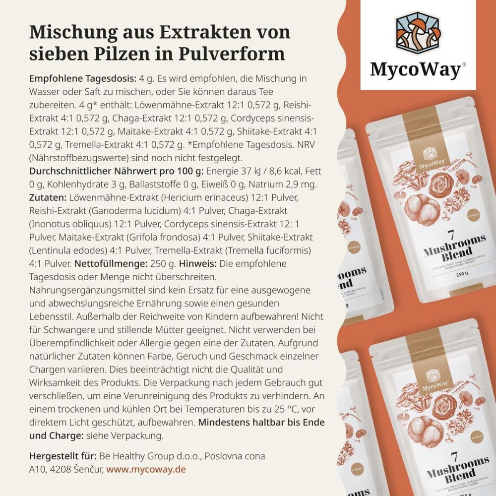 Produktverpackungen mit Text und Inhaltsangaben. Text: Mischung aus sieben Pilzen in Pulverform, 250 g.