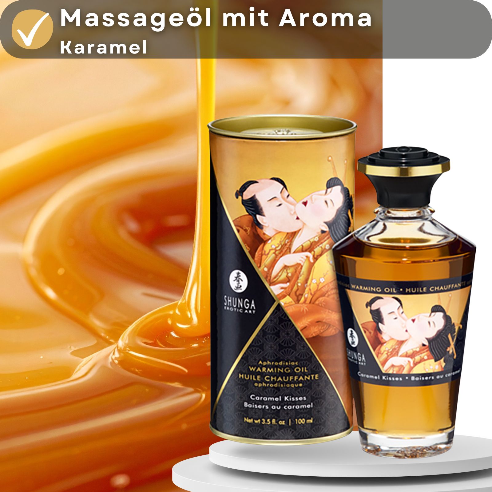 Produkt mit Karamell-Öl-Fluss und Produktverpackung. Aufschrift: Shunga, Warming Oil, Caramel Kisses. Abbildung: küssendes Paar.