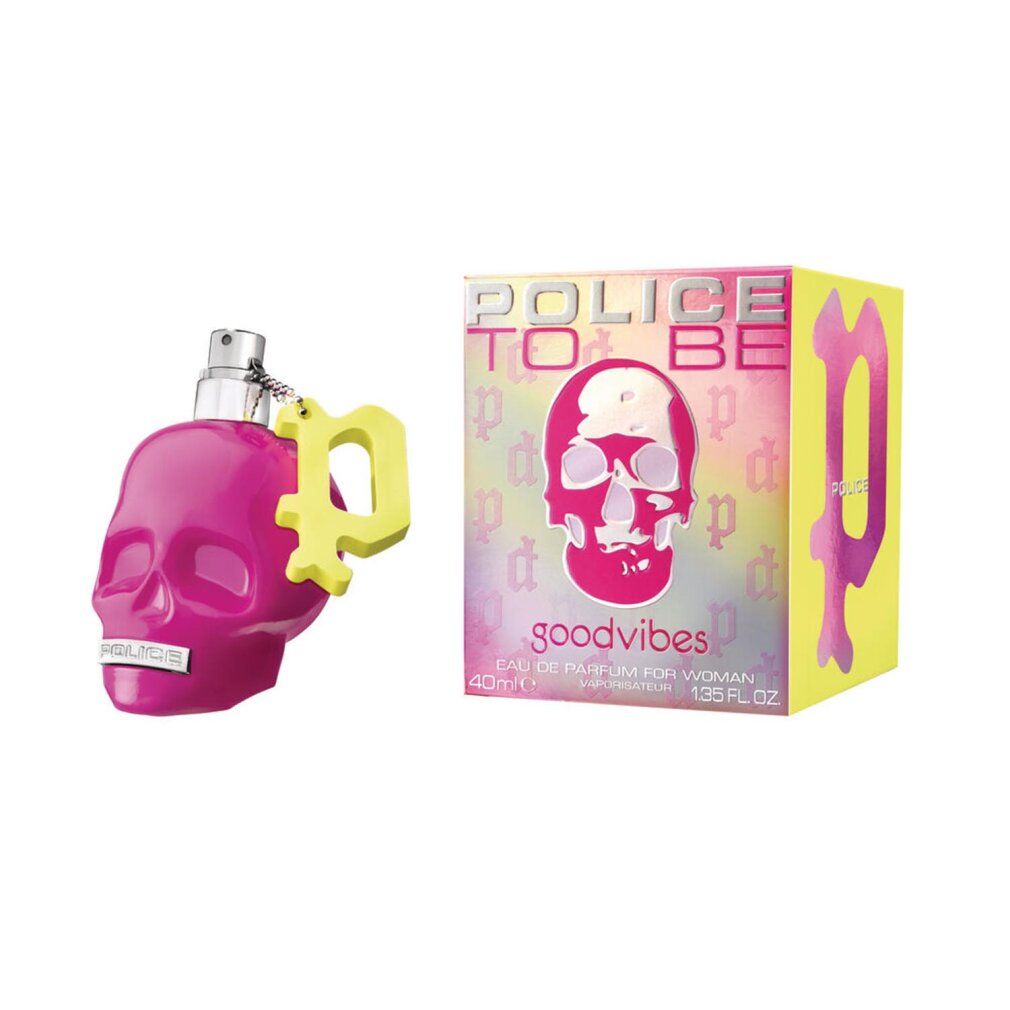 Pinke Totenkopf-Parfümflasche mit gelbem Anhänger und passender Schachtel.