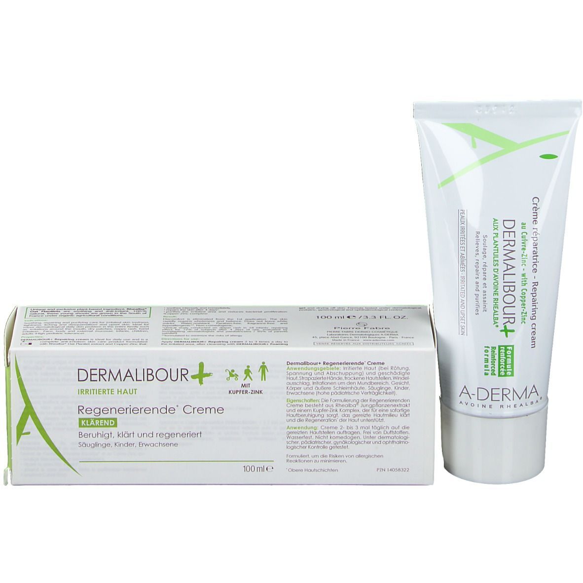 Produktverpackung und Tube. Karton mit Text: DERMALIBOUR+ Regenerierende Creme, 100 ml. A-DERMA Logo.