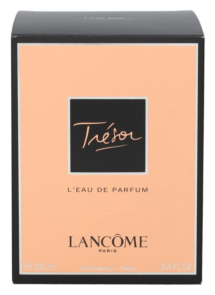 Schwarzer Karton mit rosa Vorderseite. Schriftzug Trésor, L'EAU DE PARFUM und Lancôme.