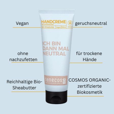 Tube Handcreme mit BIO-Sheabutter, vegan, geruchsneutral, für trockene Hände, COSMOS ORGANIC.