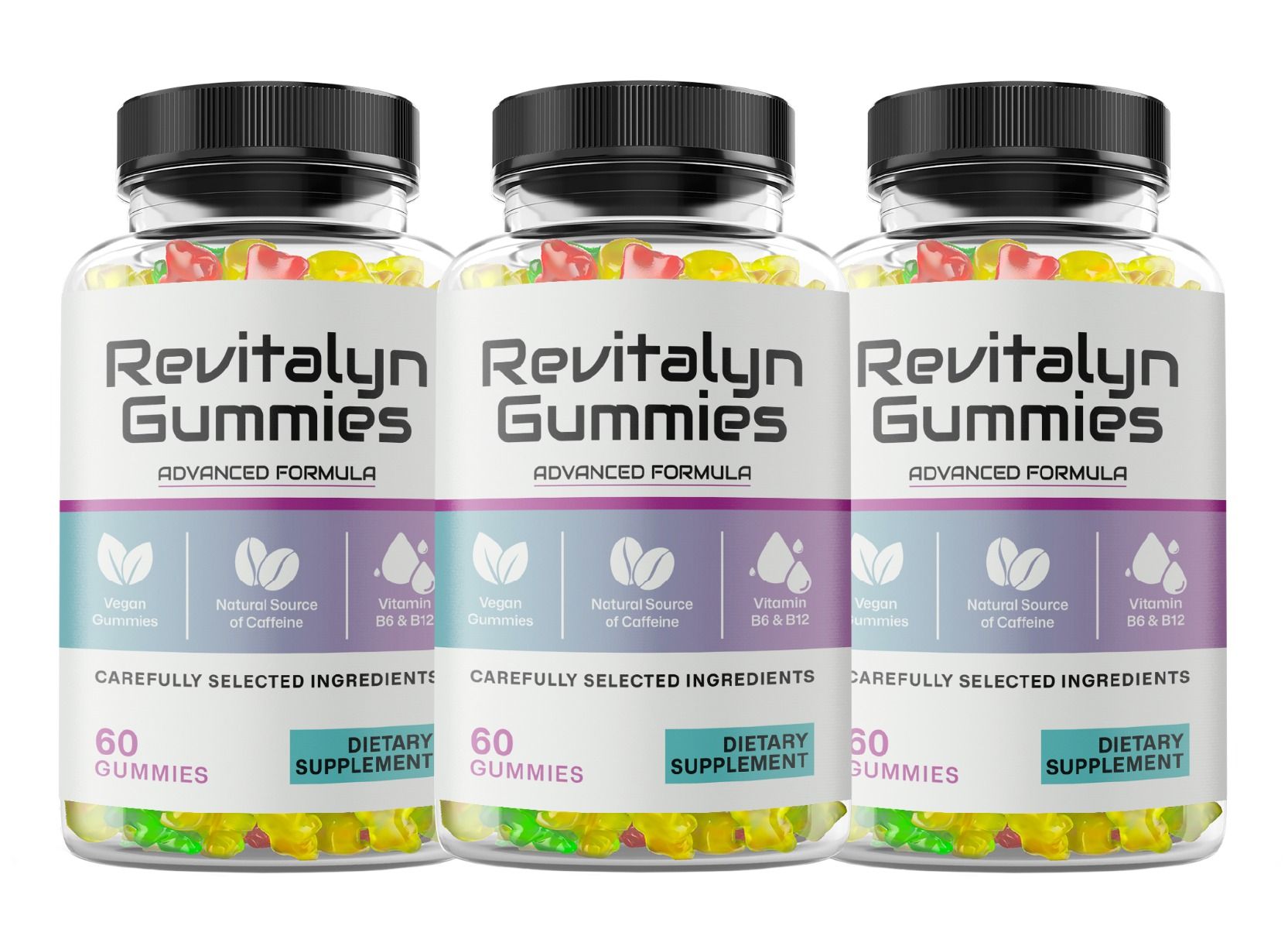 Drei Flaschen Revitalyn Gummies, 60 Stück pro Flasche, mit Fruchtgeschmack. Enthält Vitamine B6 & B12.
