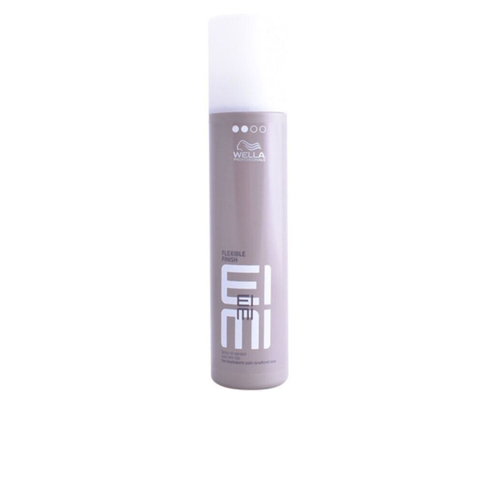 Haarspray-Flasche, hellgrau mit weißem Deckel. Logo und Schriftzug EIMI. Flexible Finish.