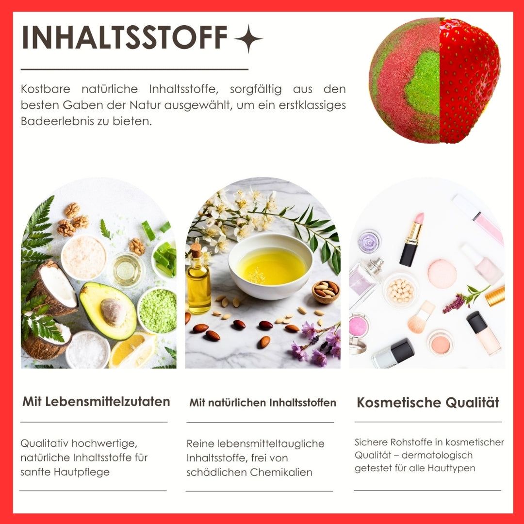 Inhaltsstoffe. Verschiedene Zutaten. Text auf Deutsch. Wellness-Kontext.