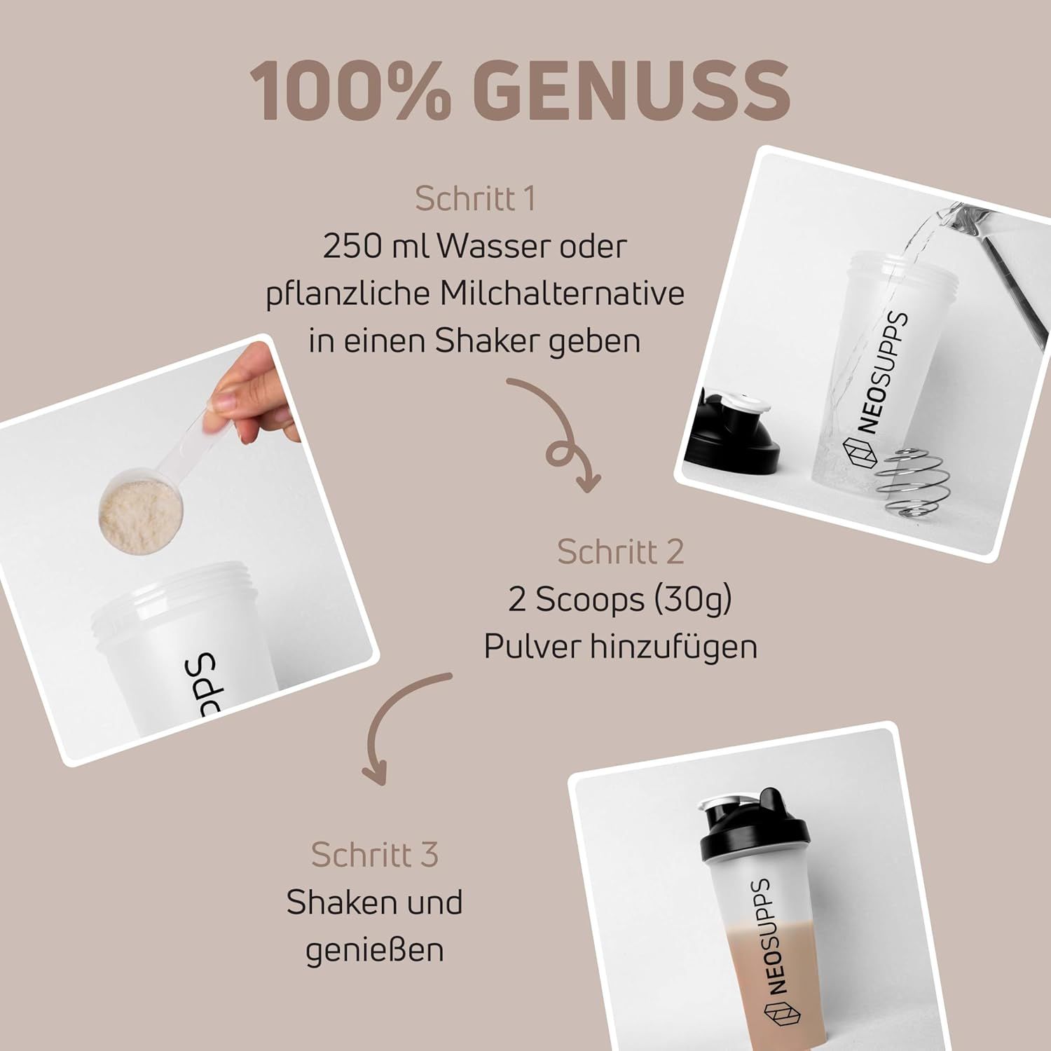 Anleitung zur Zubereitung. Schritte: Wasser/Milch in Shaker, Pulver hinzufügen, schütteln. Shaker mit Aufschrift Neosupps.