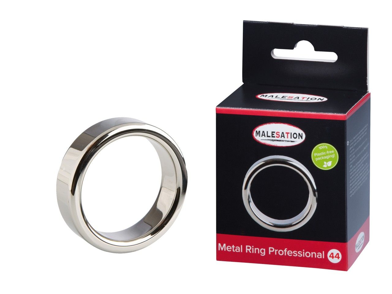 Metallring, glänzend. Neben schwarzer Verpackung mit Produktname und Logo. Ring Professional 44.