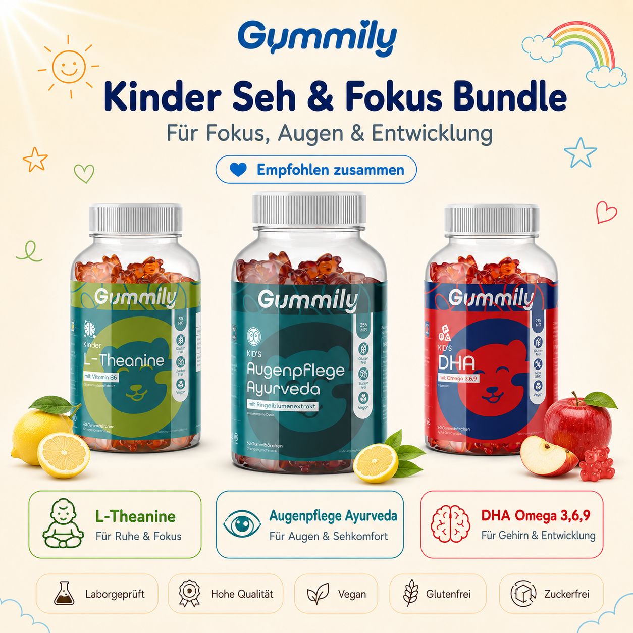 Gummily Kinder Seh & Fokus Bundle: 3 Flaschen mit L-Theanin, Augenpflege, DHA.
