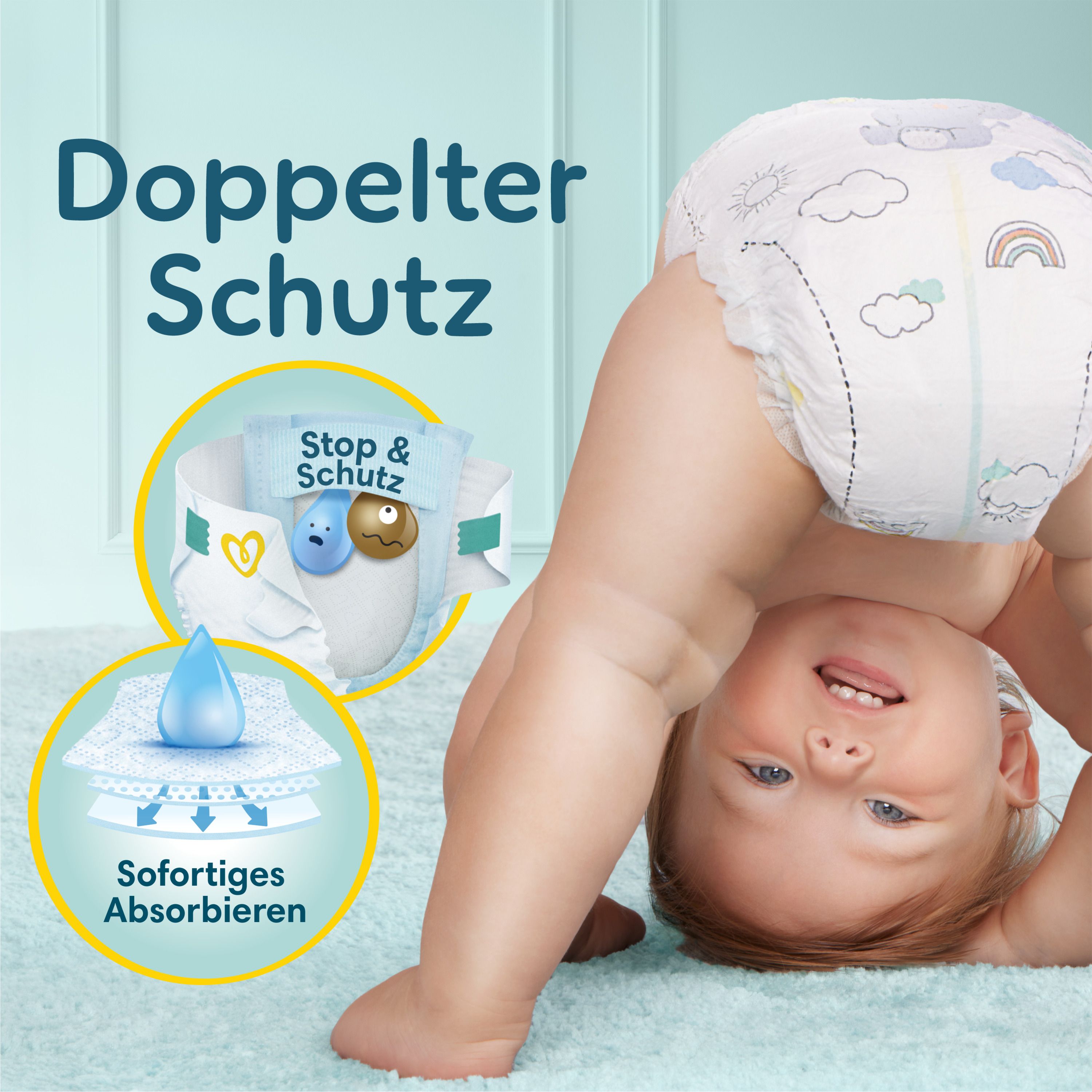 Baby mit Windel. Doppeltem Schutz, sofortiges absorbieren. Windel mit Illustrationen. Produktmerkmal-Illustrationen.