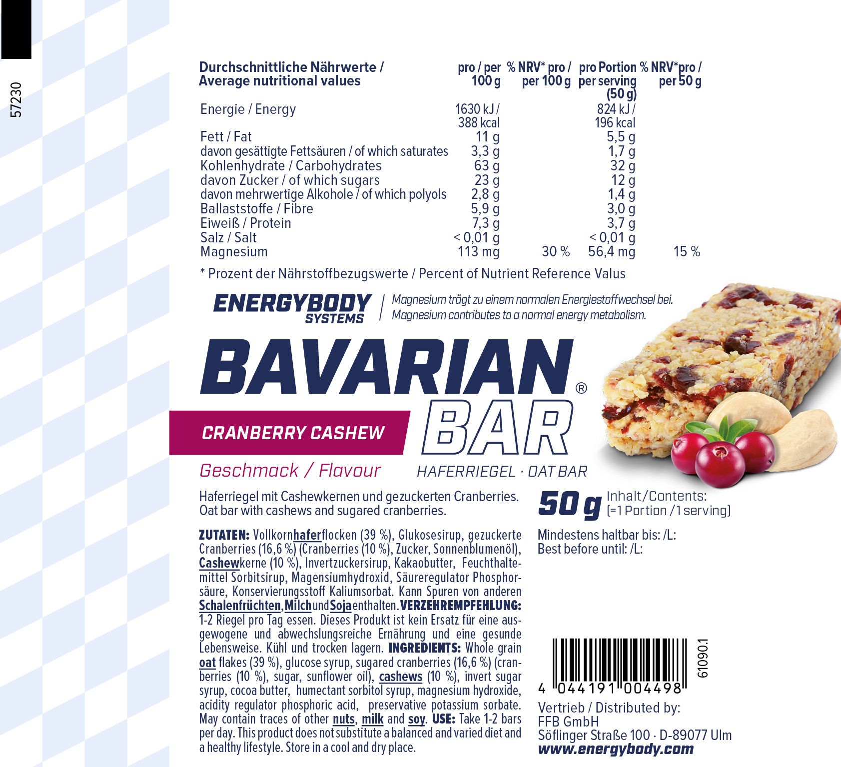 Energybody Bavarian Bar, Cranberry Cashew. Nährwertangaben, Zutatenliste. Haferriegel mit Cranberries und Cashewkernen. 50g. Mindesthaltbarkeit.