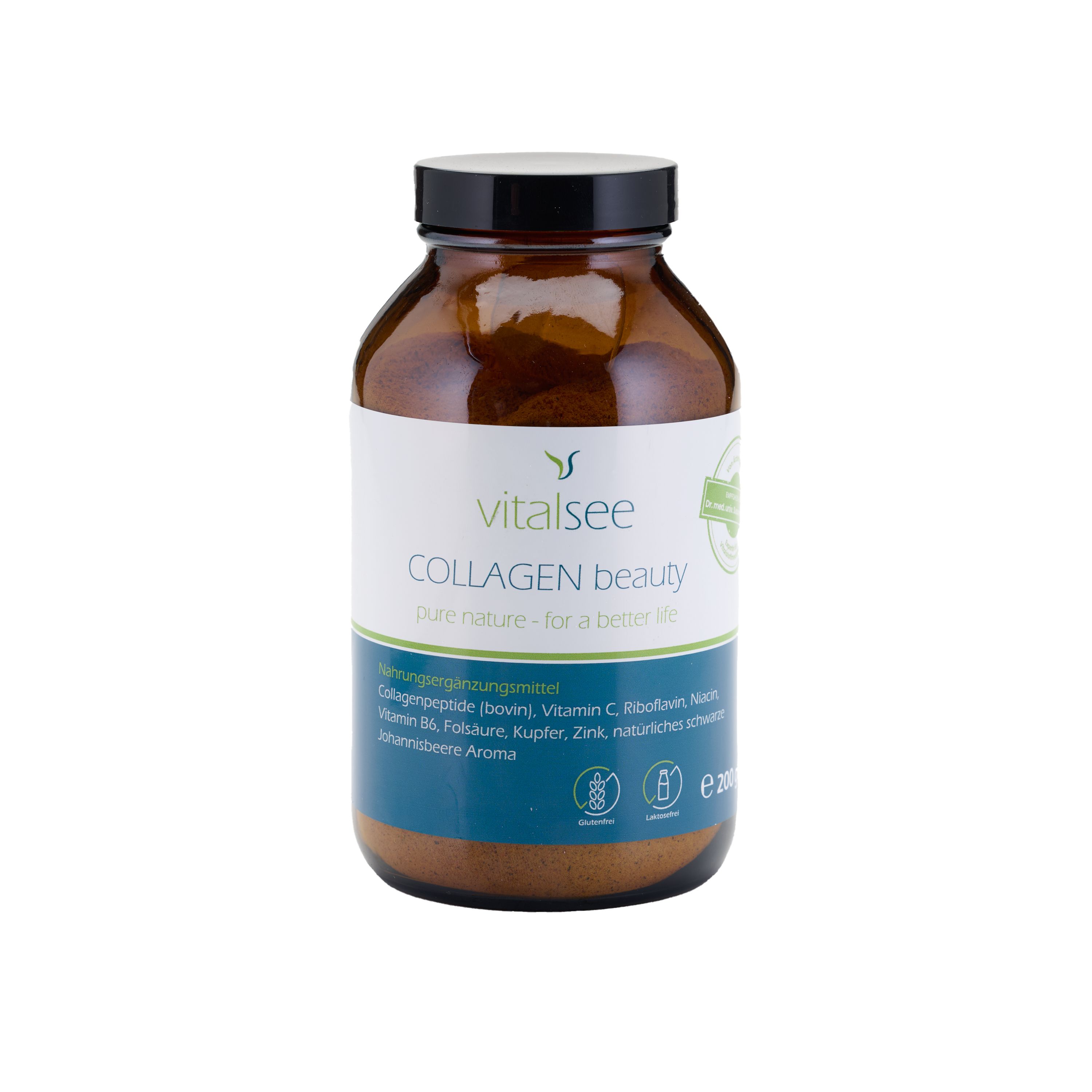 Braune Glasflasche mit schwarzem Deckel, gefüllt mit Pulver. Etikett mit "vitalsee COLLAGEN beauty".