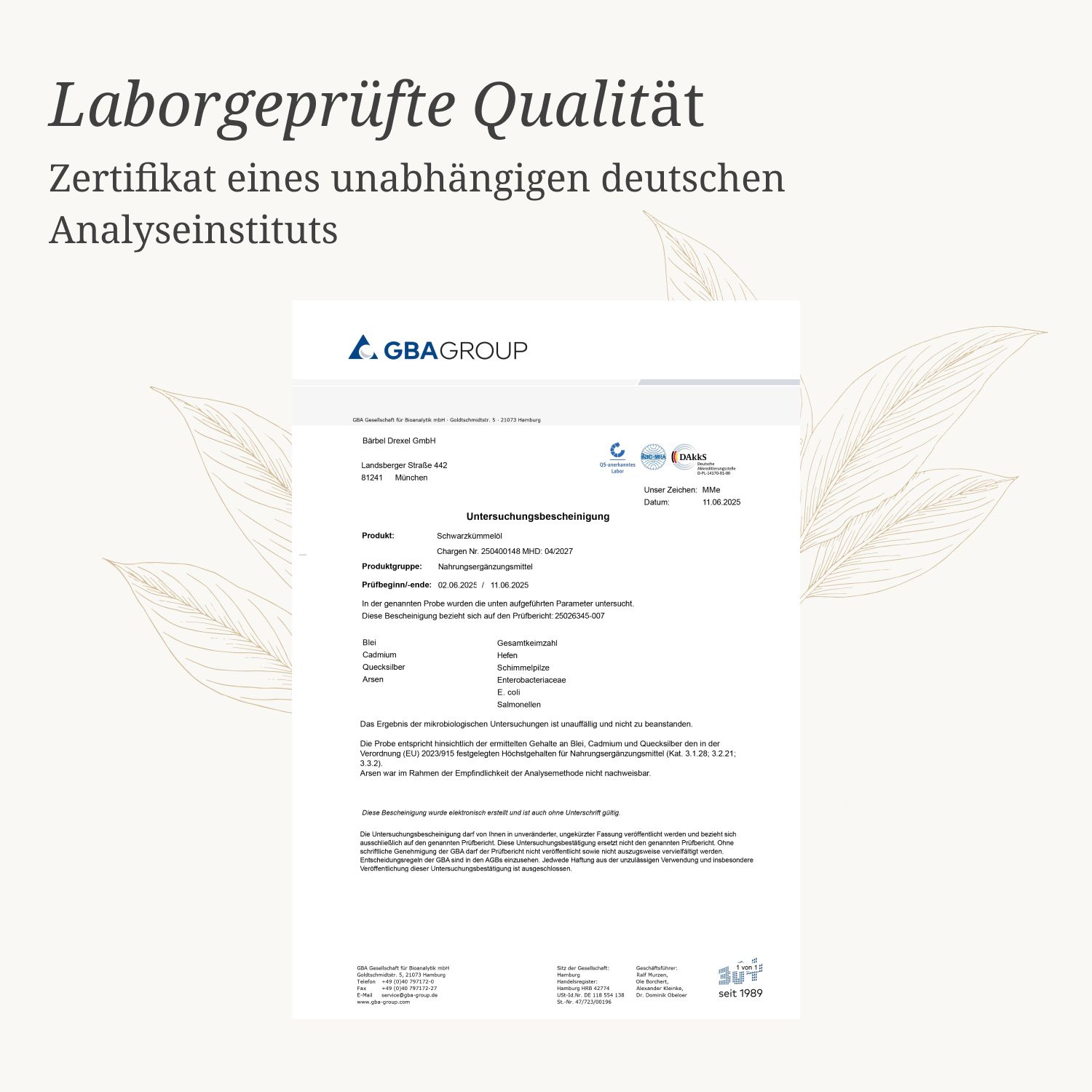 Zertifikat eines unabhängigen deutschen Analyseinstituts. Text: Laborgeprüfte Qualität. GBA Group.