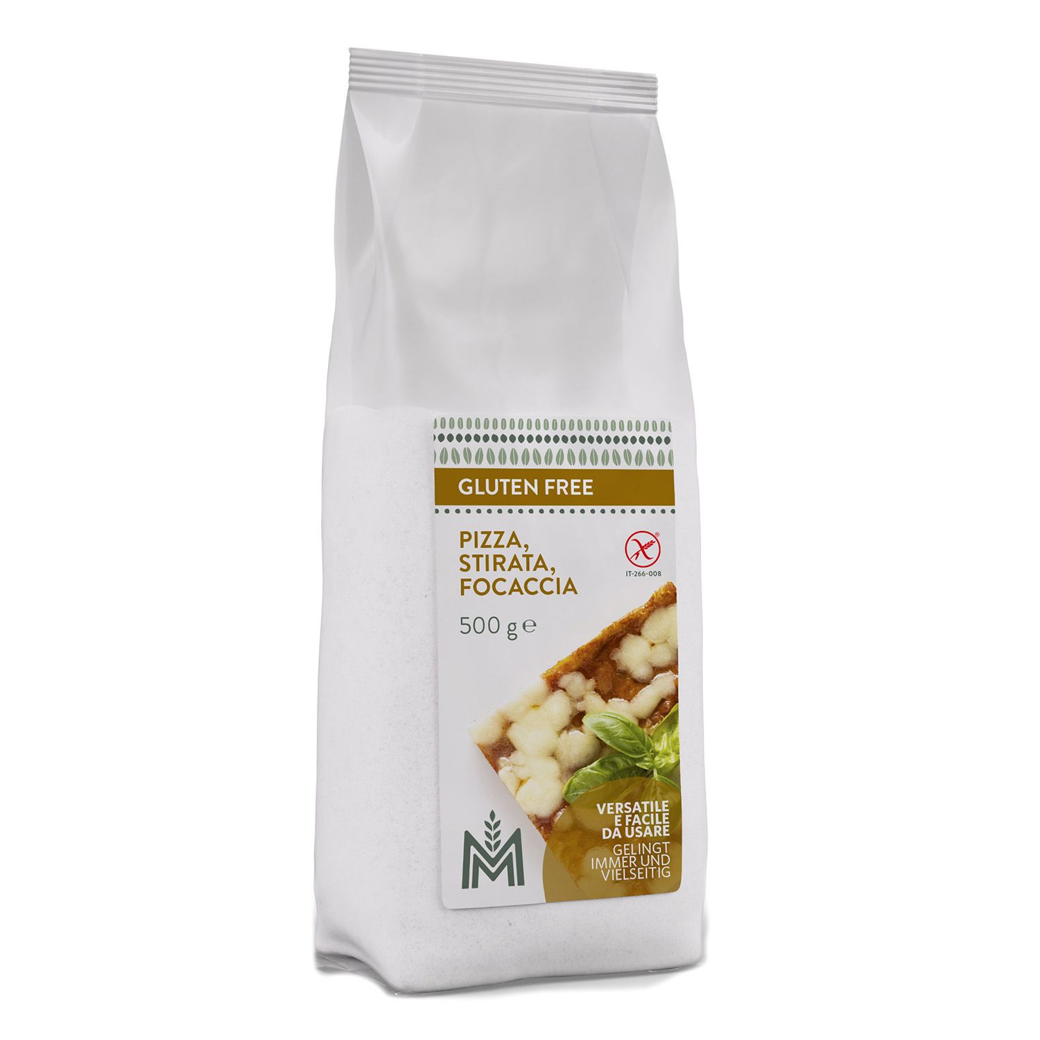 Weißer Beutel mit Aufdruck. Glutenfrei, Pizza, Stirata, Focaccia. 500 g. Logo und Abbildung von Pizza.