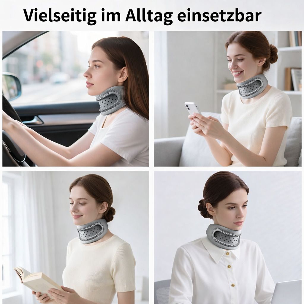 Nackenstütze, grau. Frau im Auto, auf dem Sofa, beim Lesen und am Schreibtisch. Text: Vielseitig im Alltag einsetzbar.