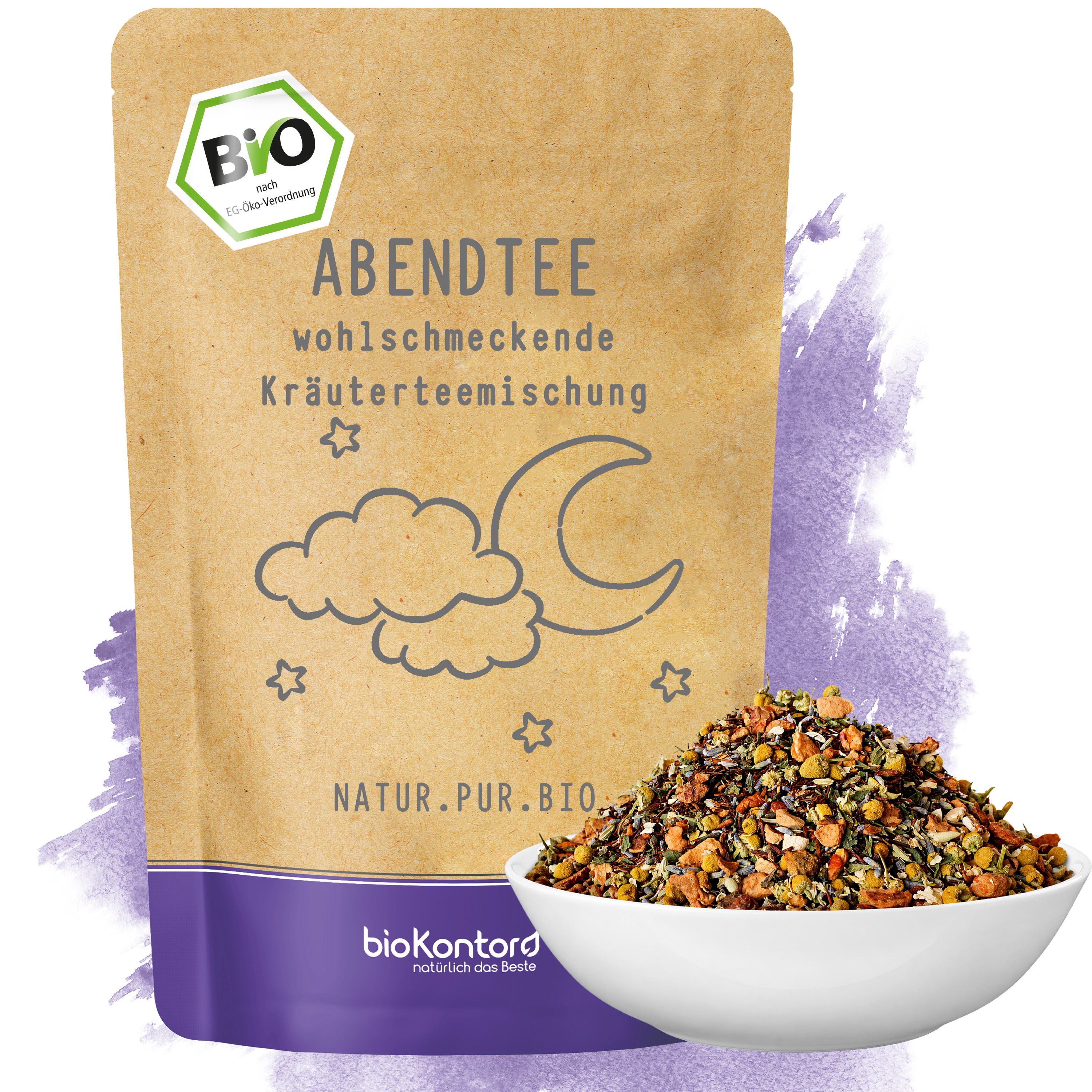 bioKontor Abendtee Kräutermischung in Brauner Papiertüte mit Mond und Wolken-Design. Daneben eine Schale mit losem Tee.