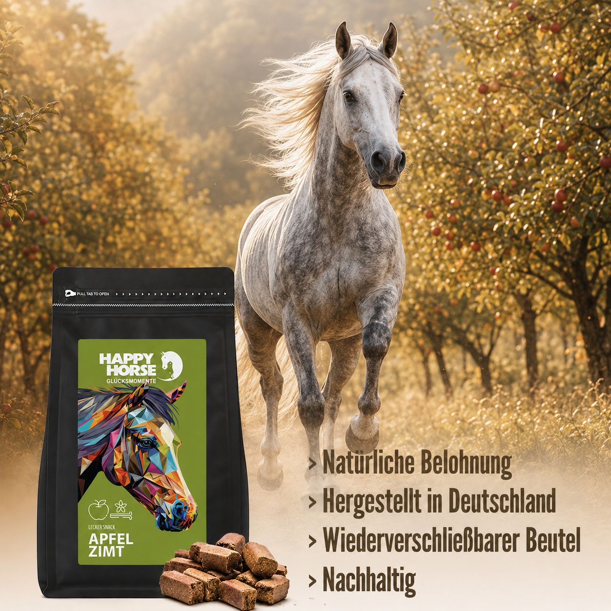 Happy Horse Lecker Snack Apfel Zimt neben einem galoppierenden Pferd im Feld. Wiederverschließbarer Beutel, hergestellt in Deutschland.