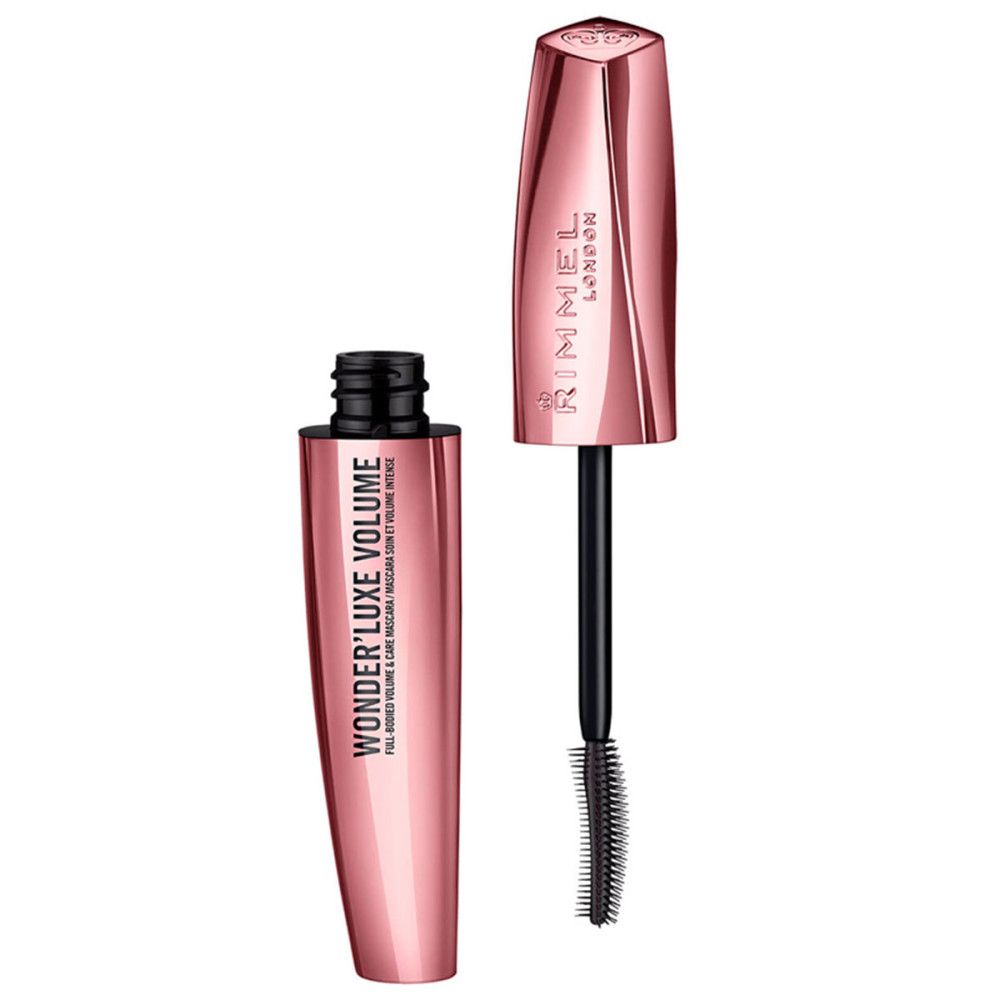 Mascara-Tube und Deckel in Roségold. Schwarze Bürste. Text: Wonder'luxe Volume, Rimmel London.