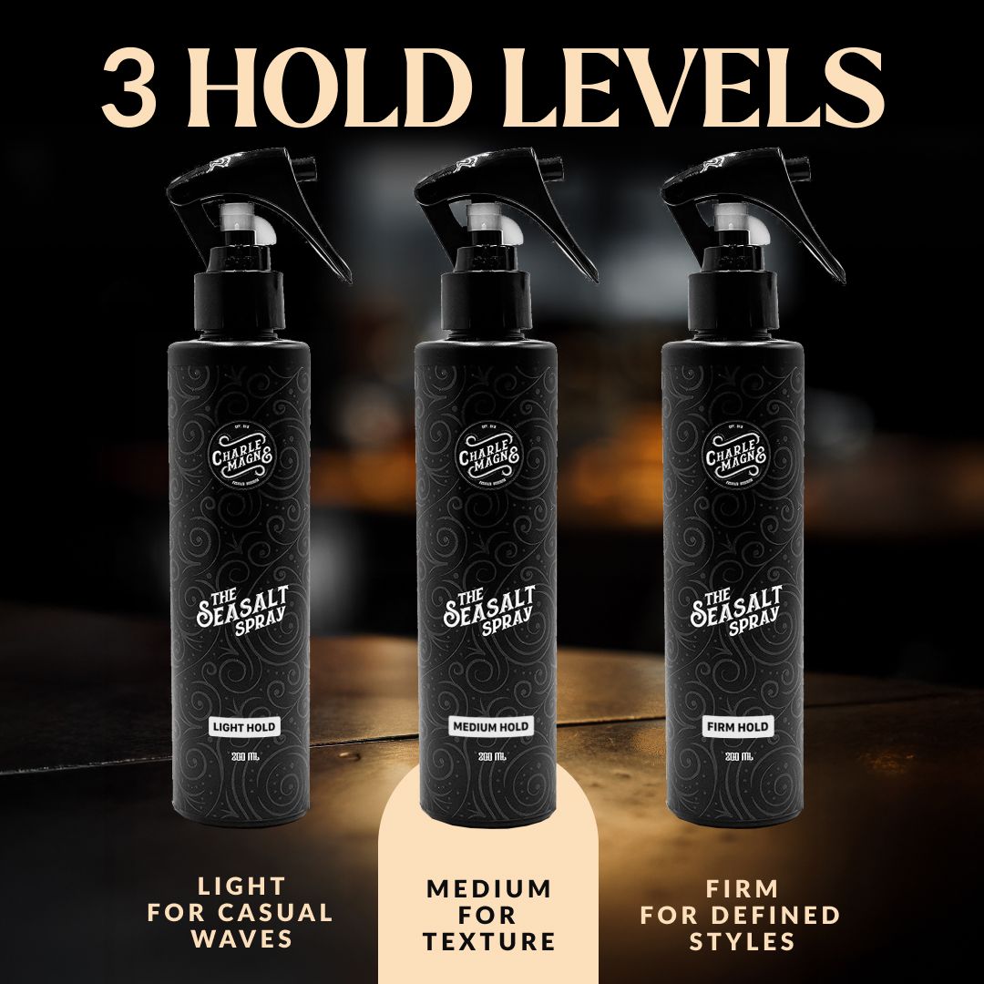 Drei Sprühflaschen "The Seasalt Spray" mit "Light Hold", "Medium Hold" und "Firm Hold" Aufschrift.