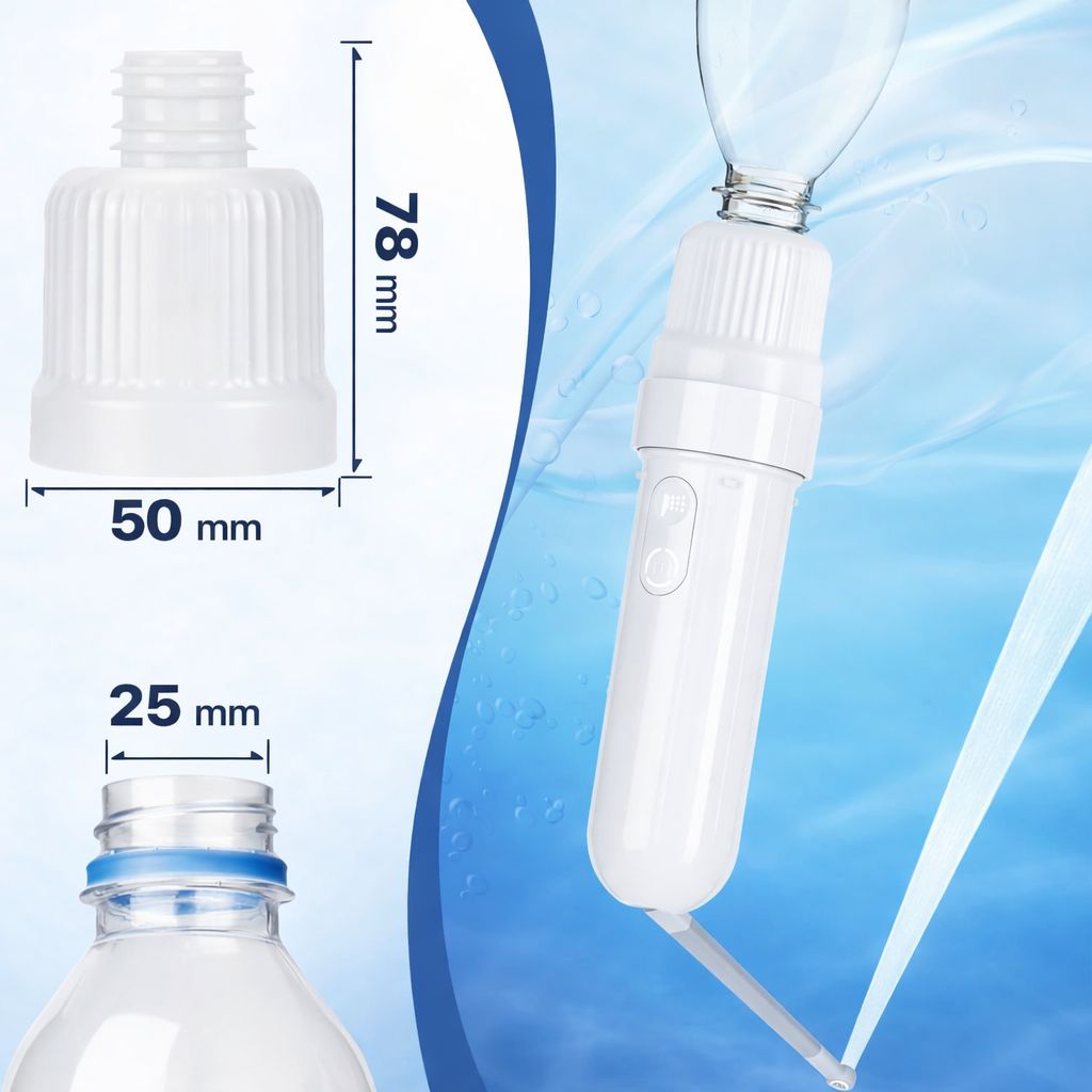 Tragbares Bidet mit Maßen: 78mm hoch, 50mm breit, 25mm Düsenöffnung. Vergleich mit einer Flasche.