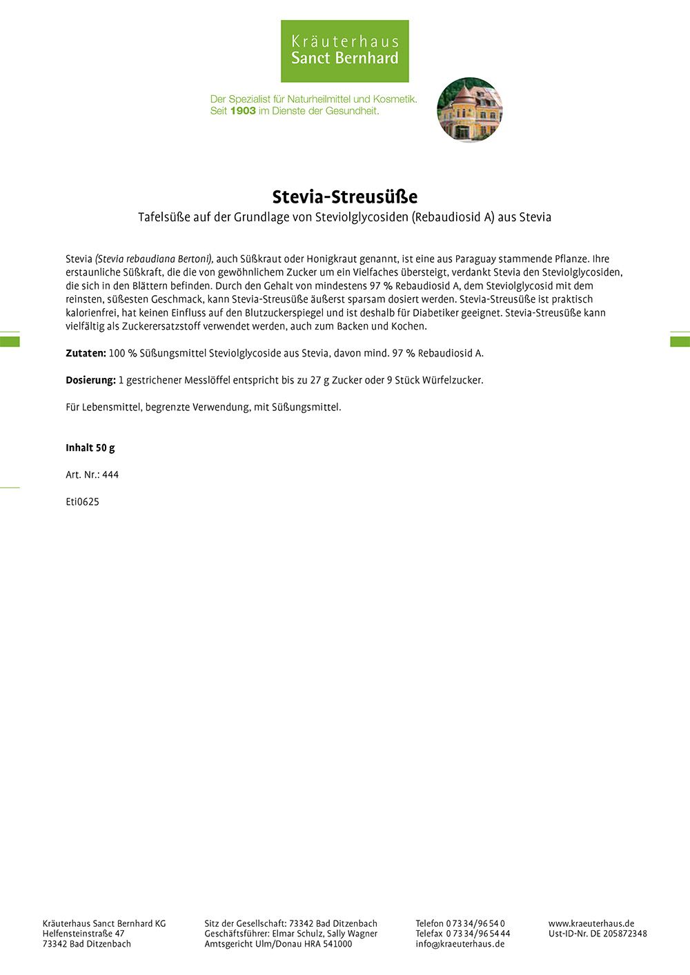 Ein Blatt mit Produktinformationen für "Stevia-Streusüße", enthält Details zu Zutaten und Anwendung.