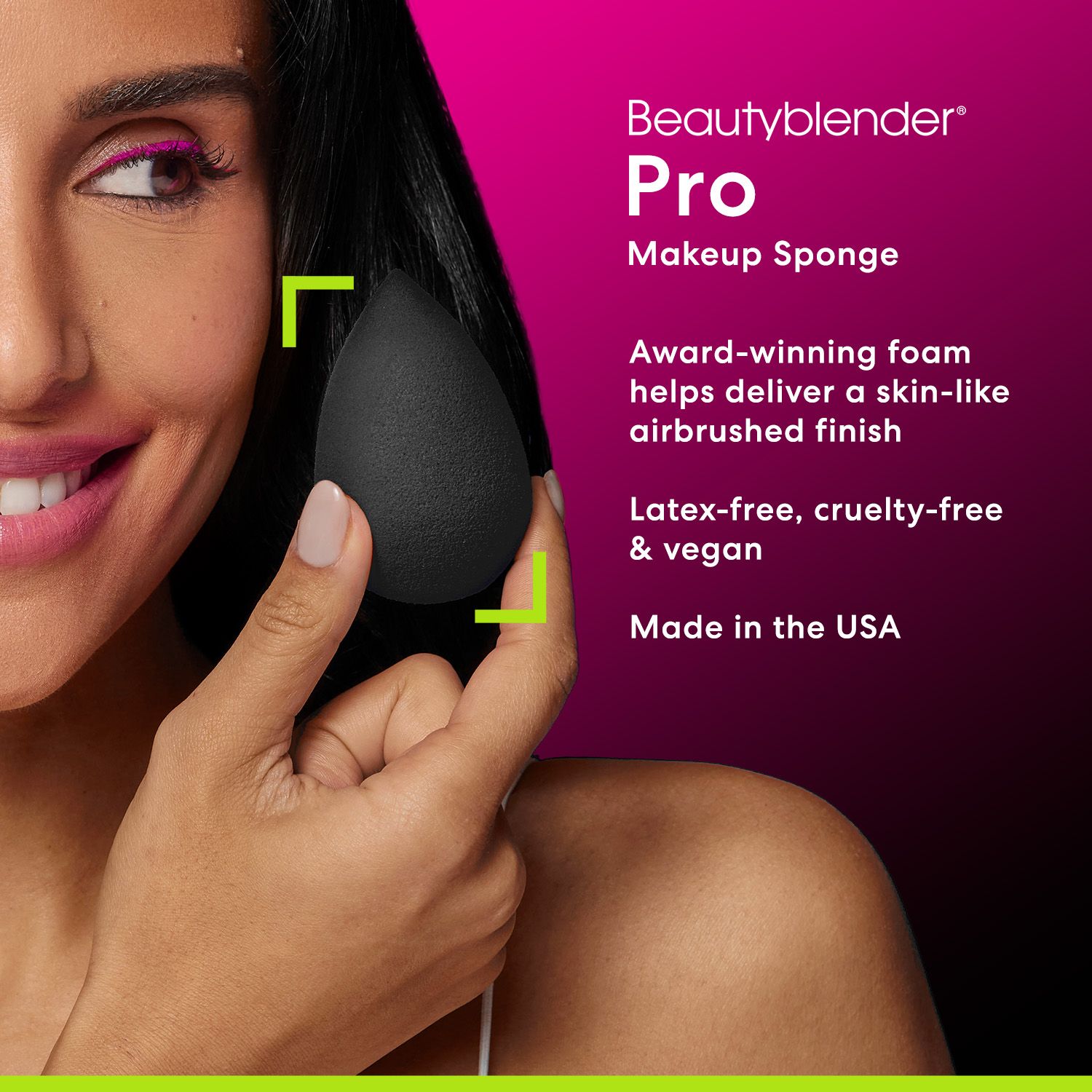 Schwarzer Beautyblender Pro, gehalten von einer Hand. Text: Award-winning foam, latex-free, cruelty-free & vegan, Made in the USA.