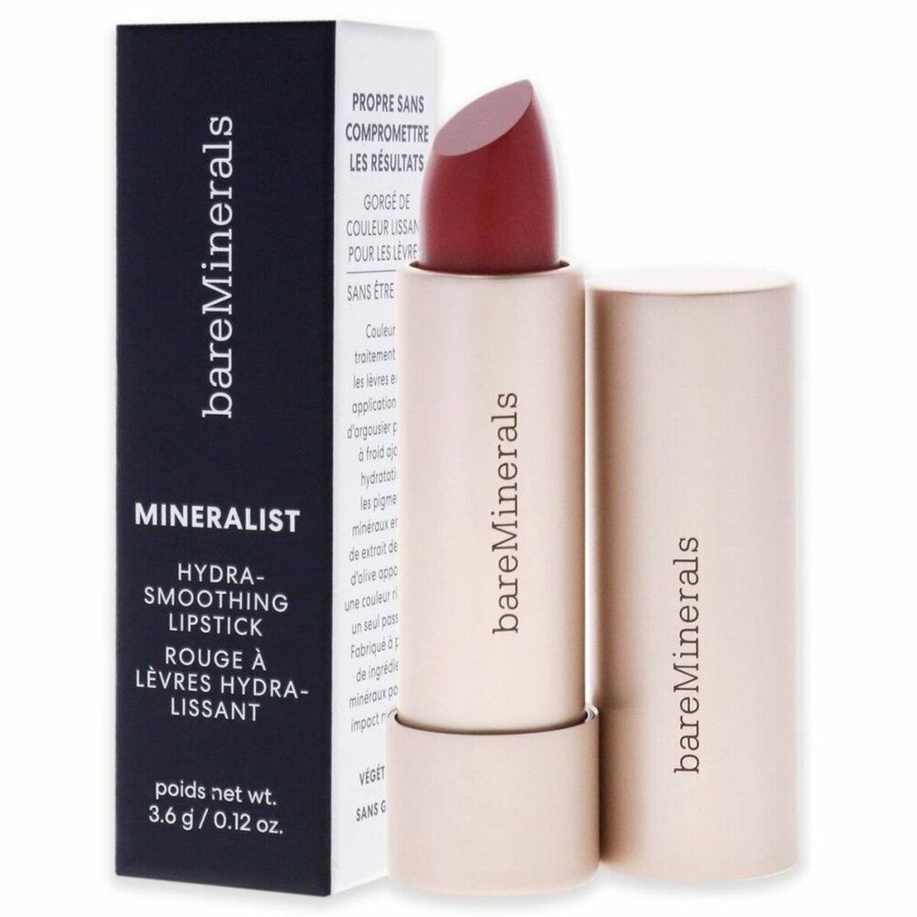 BareMinerals Mineralist Lippenstift in Verpackung. Roter Lippenstift, offene Verpackung. Aufschrift: "Hydra-Smoothing Lipstick".