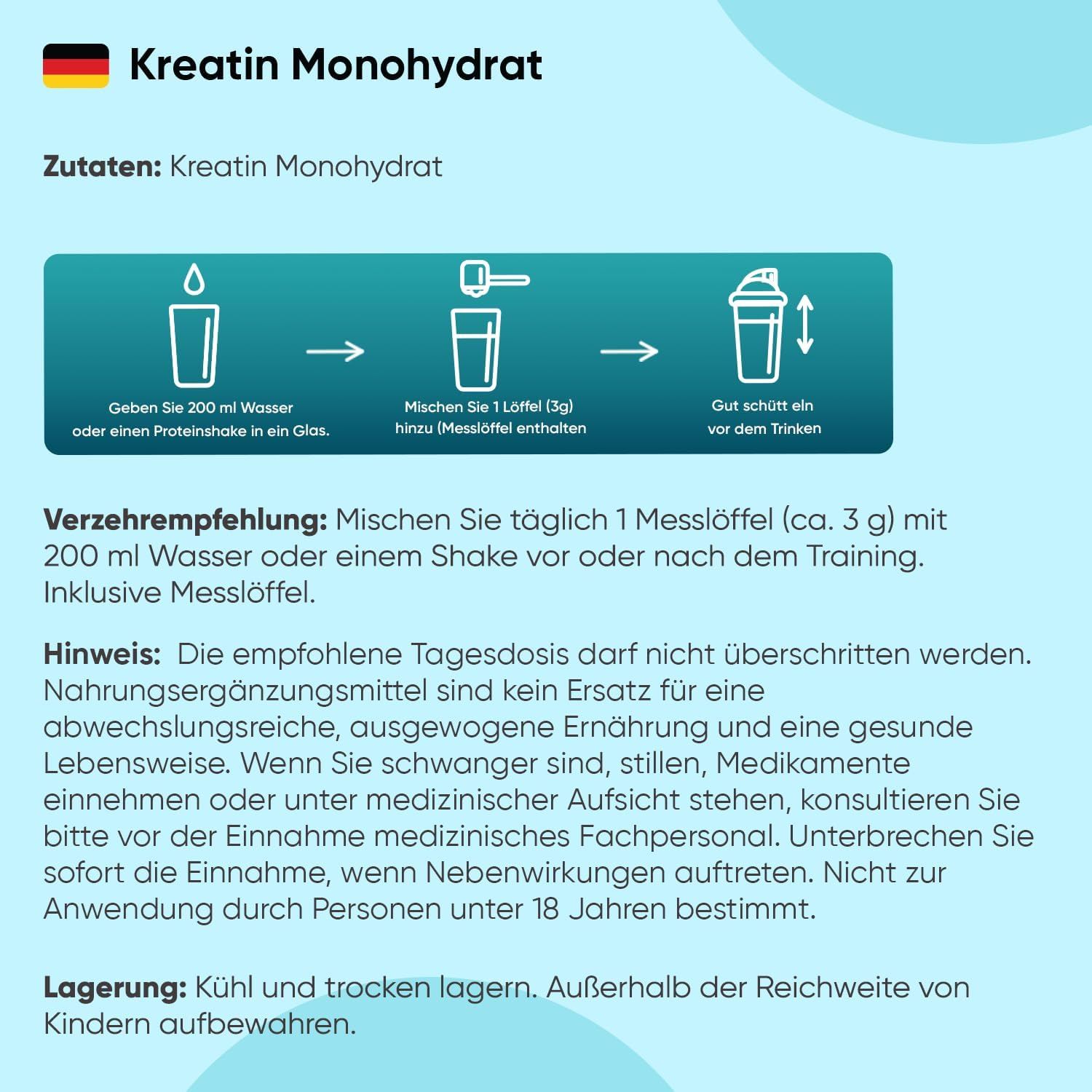 Anleitung zur Einnahme von Kreatin Monohydrat. Mischen mit Wasser oder Shake. Inklusive Messlöffel.