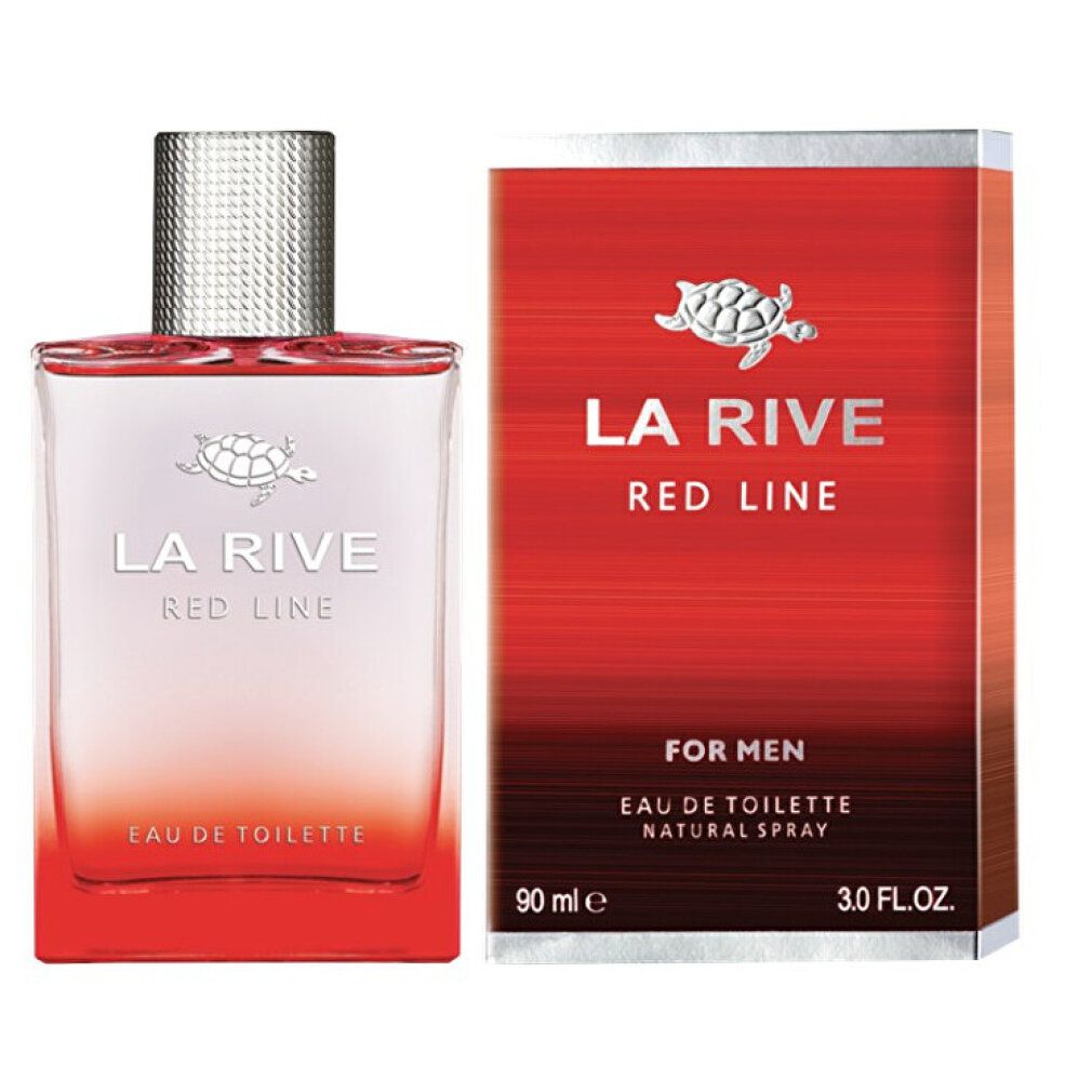 Glasflasche und Verpackung. Flasche: rot-transparente Flüssigkeit, silberner Verschluss. Verpackung: rot, weißer Schriftzug.