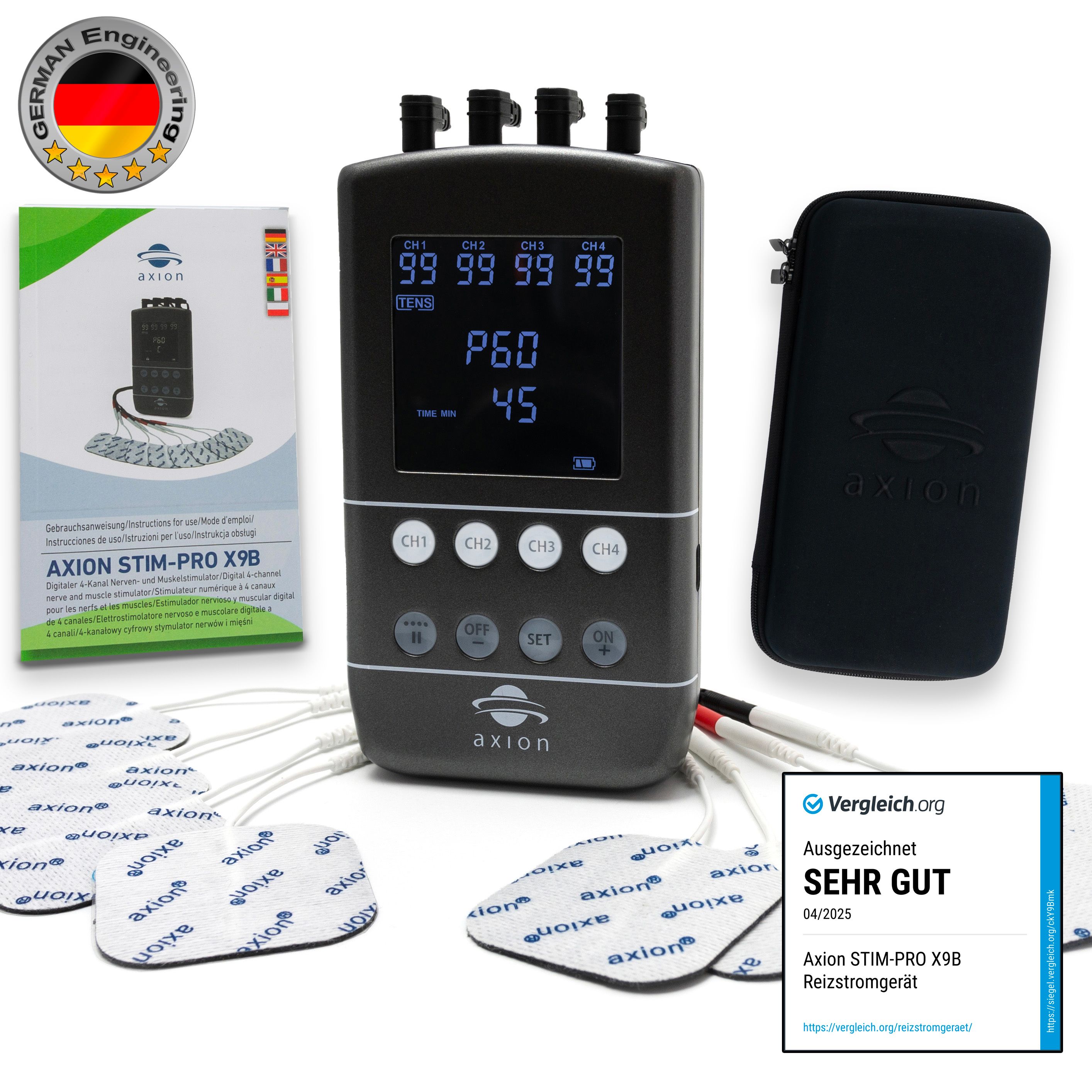 Gerät mit Display, Elektroden, Tasche und Verpackung. Aufschrift: axion STIM-PRO X9B. Zertifizierung.